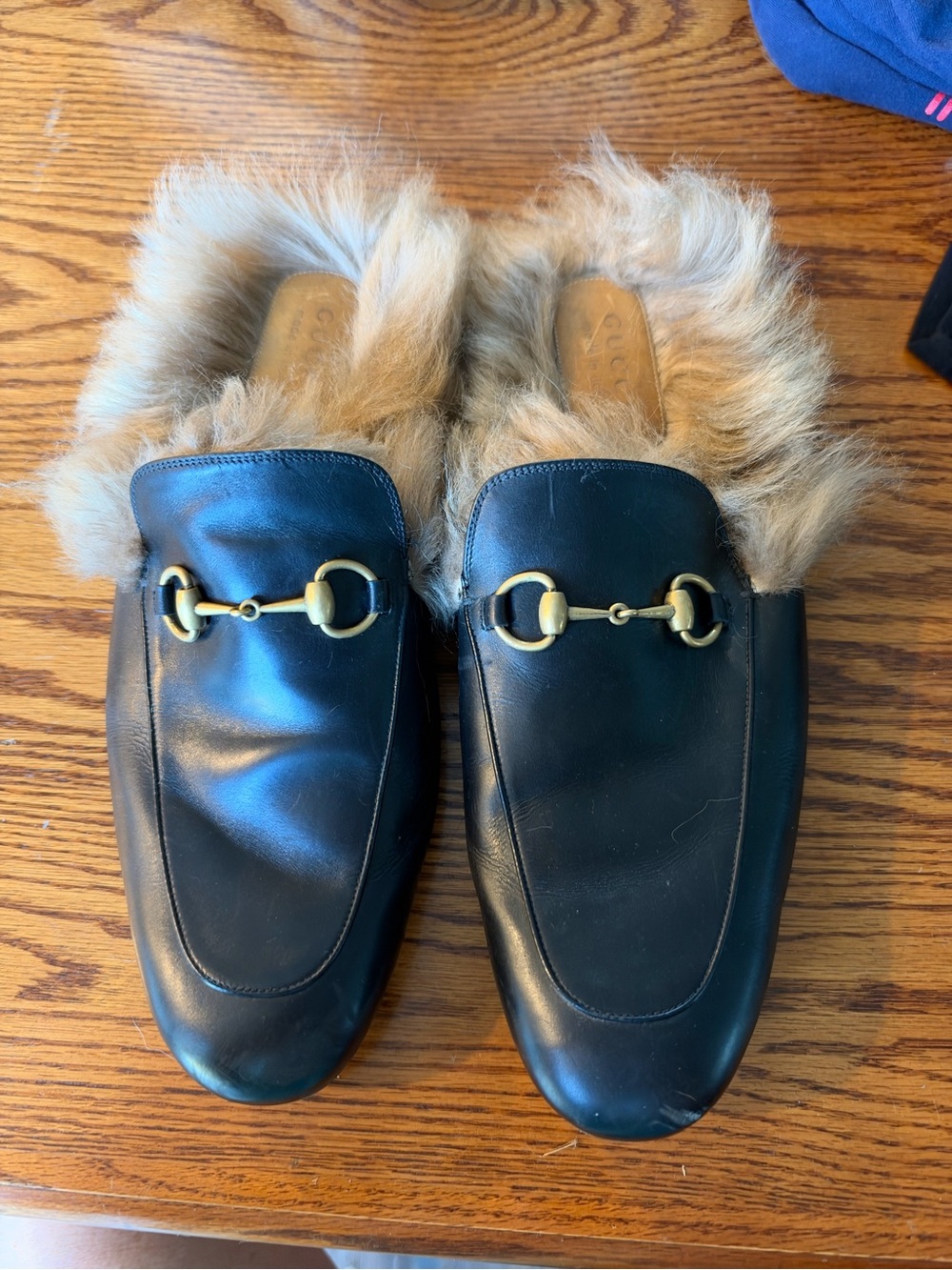 Gucci Princetown Black Leather Fur-Lined Horsebit Mules